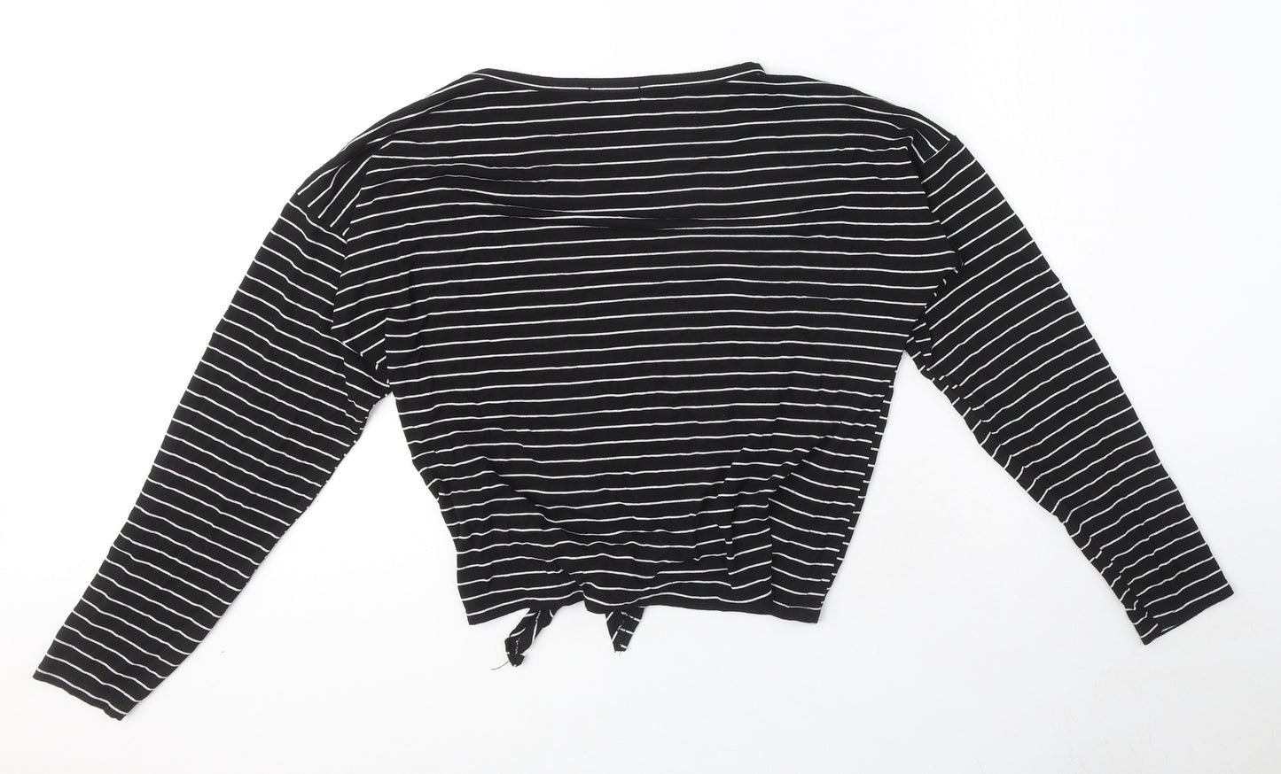 I SAW IT FIRST Womens Black Striped Viscose Basic T-Shirt Size S Round Neck - Bow Detail