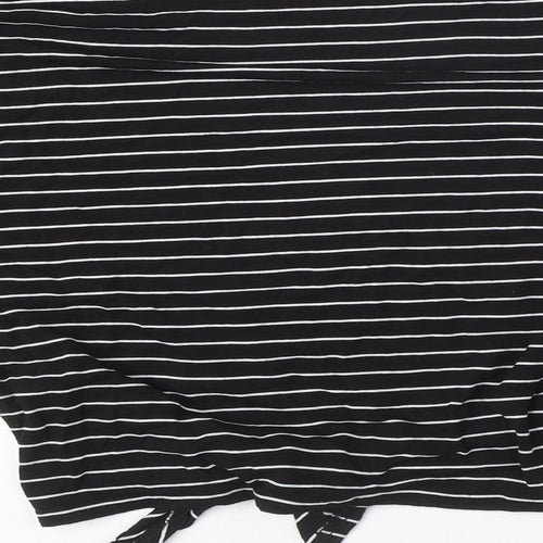 I SAW IT FIRST Womens Black Striped Viscose Basic T-Shirt Size S Round Neck - Bow Detail
