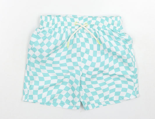 Marks and Spencer Boys Blue Check Polyester Bermuda Shorts Size 4-5 Years Regular Drawstring - Swim Shorts