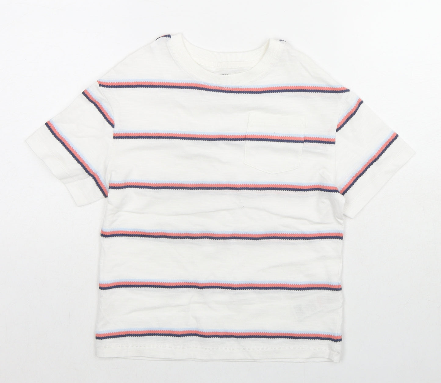 Marks and Spencer Boys White Striped Cotton Basic T-Shirt Size 4-5 Years Round Neck Pullover