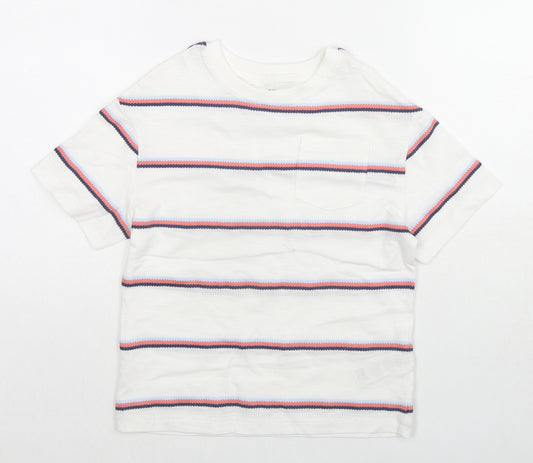 Marks and Spencer Boys White Striped Cotton Basic T-Shirt Size 4-5 Years Round Neck Pullover