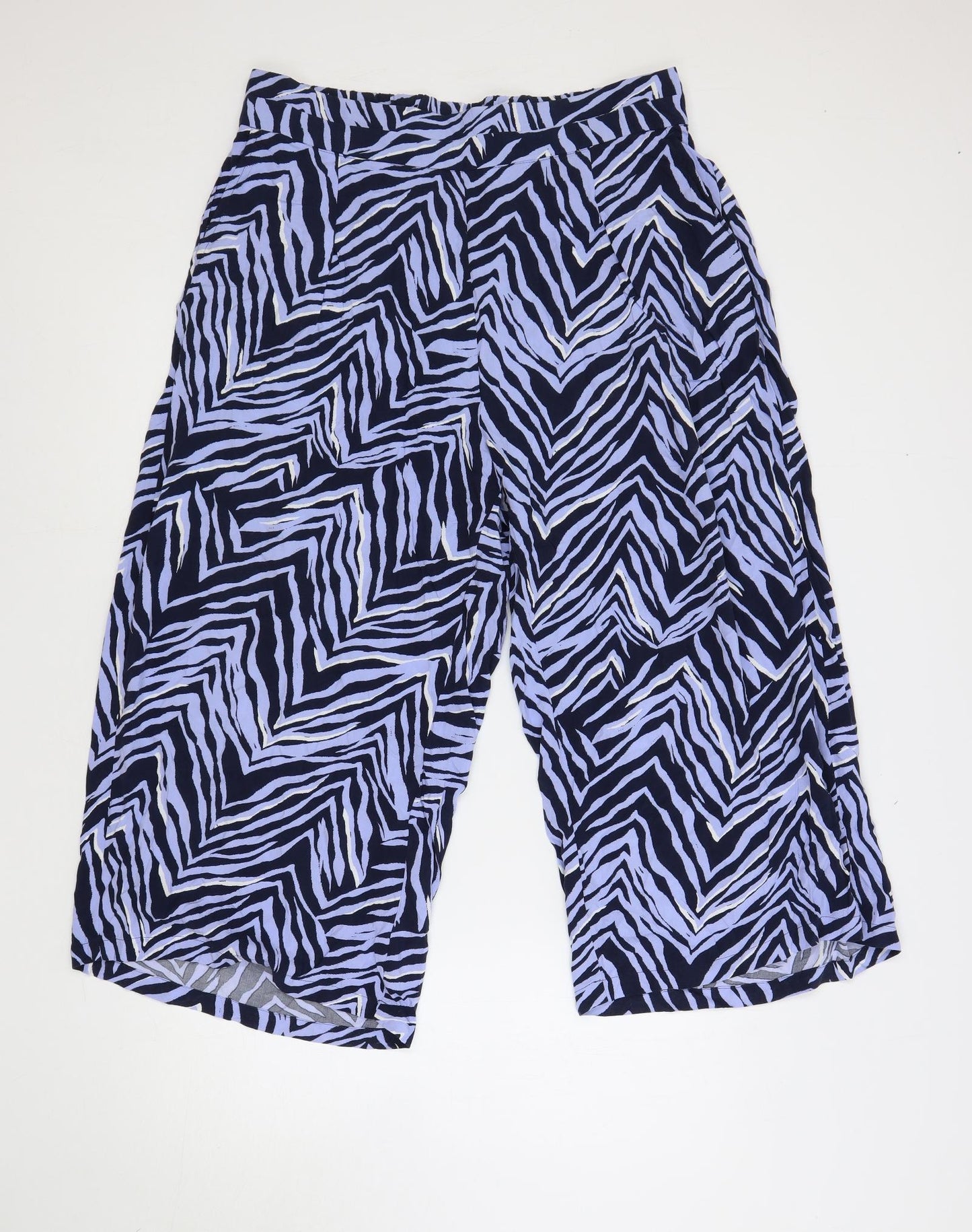 Marks and Spencer Womens Blue Geometric Viscose Cropped Trousers Size 14 L22 in Regular - Elastic Waist