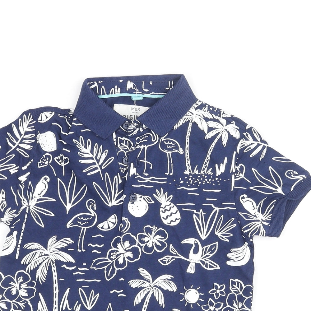 Marks and Spencer Boys Blue Geometric Cotton Basic Polo Size 5 Years Collared Button - Plam Tree Flower Flamigno