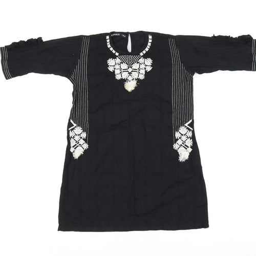 Khaadi Girls Black Geometric Cotton Shift Size 7-8 Years Round Neck Pullover - Split hem