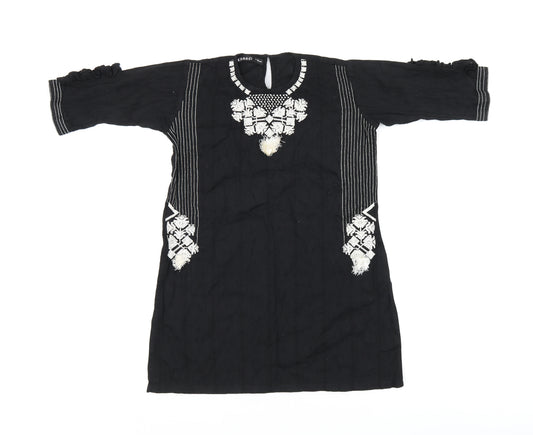 Khaadi Girls Black Geometric Cotton Shift Size 7-8 Years Round Neck Pullover - Split hem