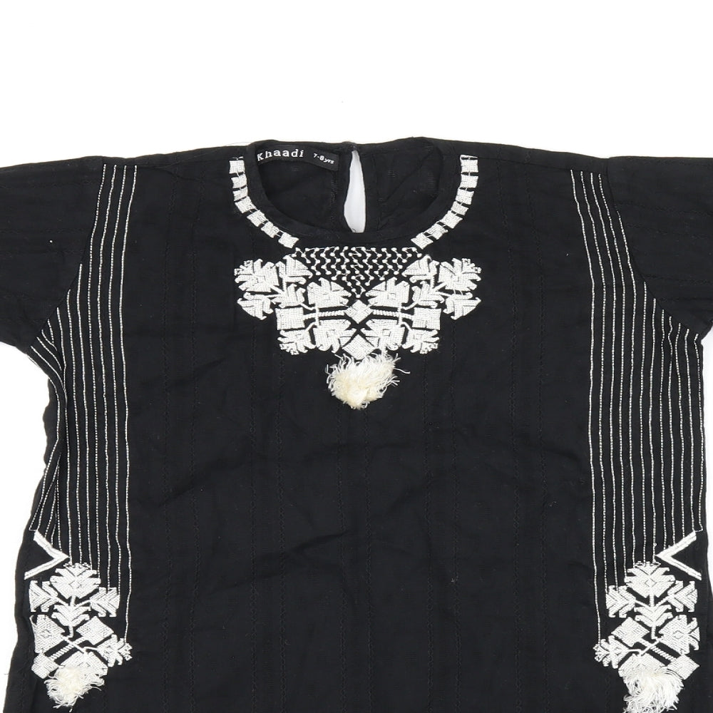 Khaadi Girls Black Geometric Cotton Shift Size 7-8 Years Round Neck Pullover - Split hem