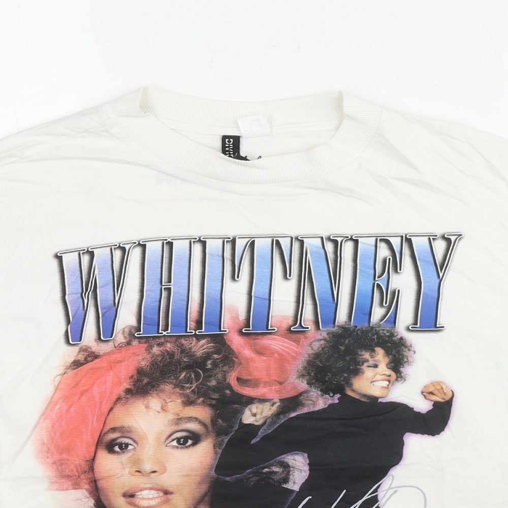 H&M Womens White Cotton Basic T-Shirt Size S Round Neck - Whitney Houston