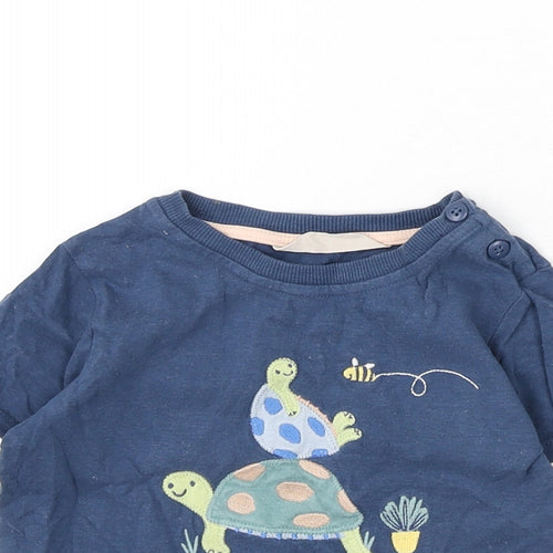 John Lewis Boys Blue 100% Cotton Basic T-Shirt Size 2-3 Years Round Neck Button - Turtle, Bee