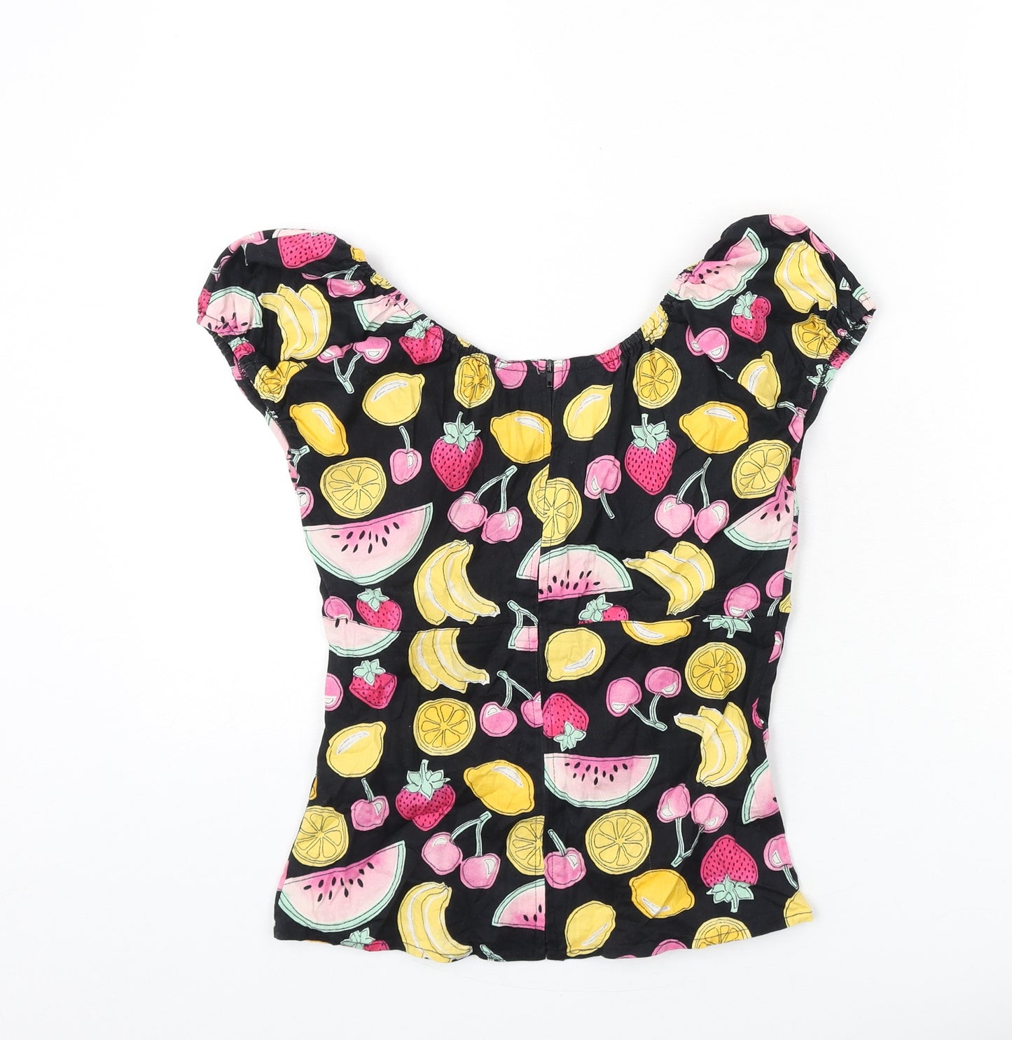 Hell Bunny Womens Black Geometric Cotton Basic T-Shirt Size S Off the Shoulder - Fruit Print