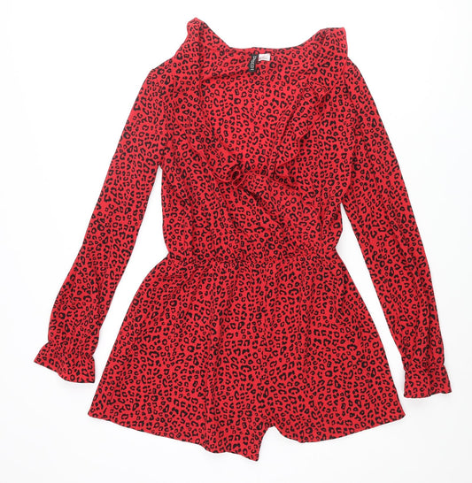 Divided by H&M Womens Red Animal Print Polyester Playsuit One-Piece Size 8 Pullover - Leopard Print Frill