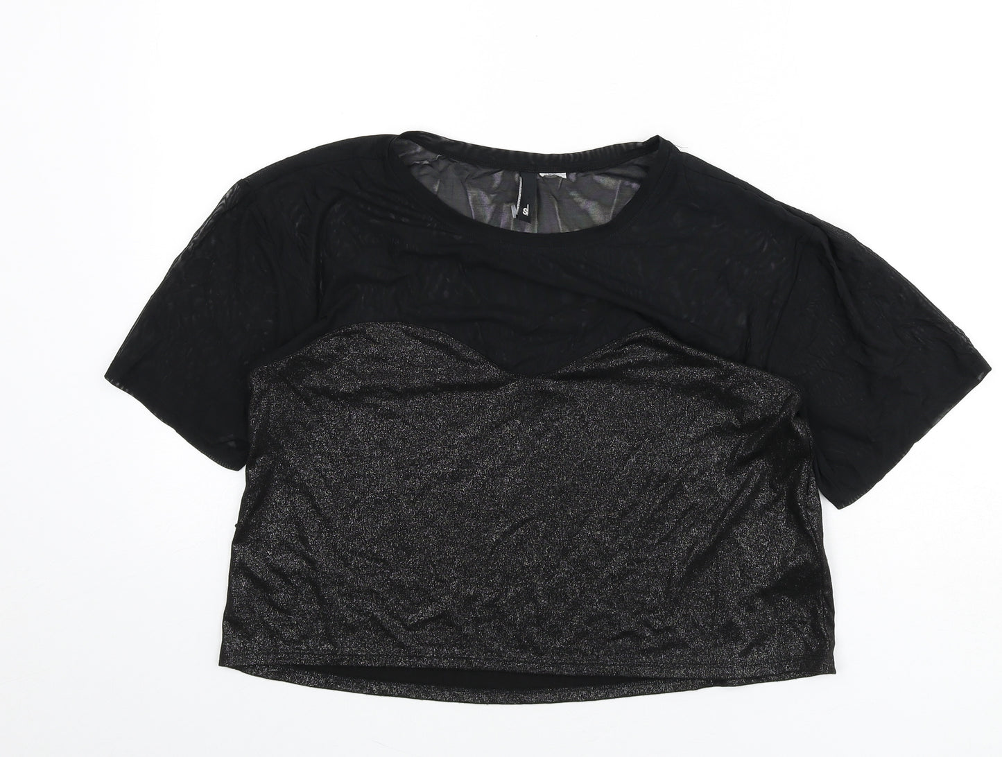Divided by H&M Womens Black Polyamide Cropped T-Shirt Size S Round Neck - Sparkle