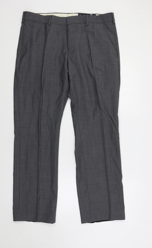 French Connection Mens Grey Striped Wool Dress Pants Trousers Size 34 in L31 in Regular Zip