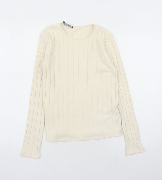 Zara Womens Ivory Polyester Basic T-Shirt Size S Round Neck