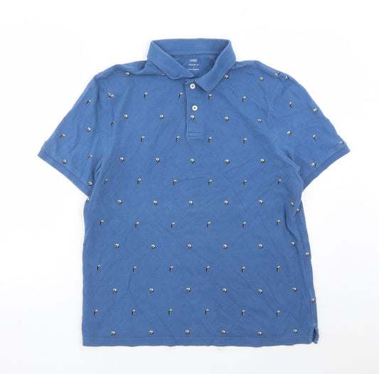 Marks and Spencer Mens Blue Geometric Cotton Polo Size L Collared Button - Toucan Pattern