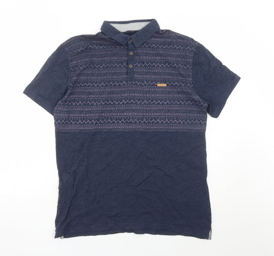 Firetrap Mens Blue Geometric Cotton Polo Size L Collared Button