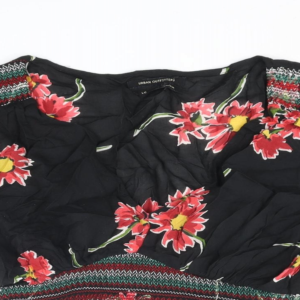 Urban Outfitters Womens Black Floral Cotton Cropped Blouse Size L V-Neck