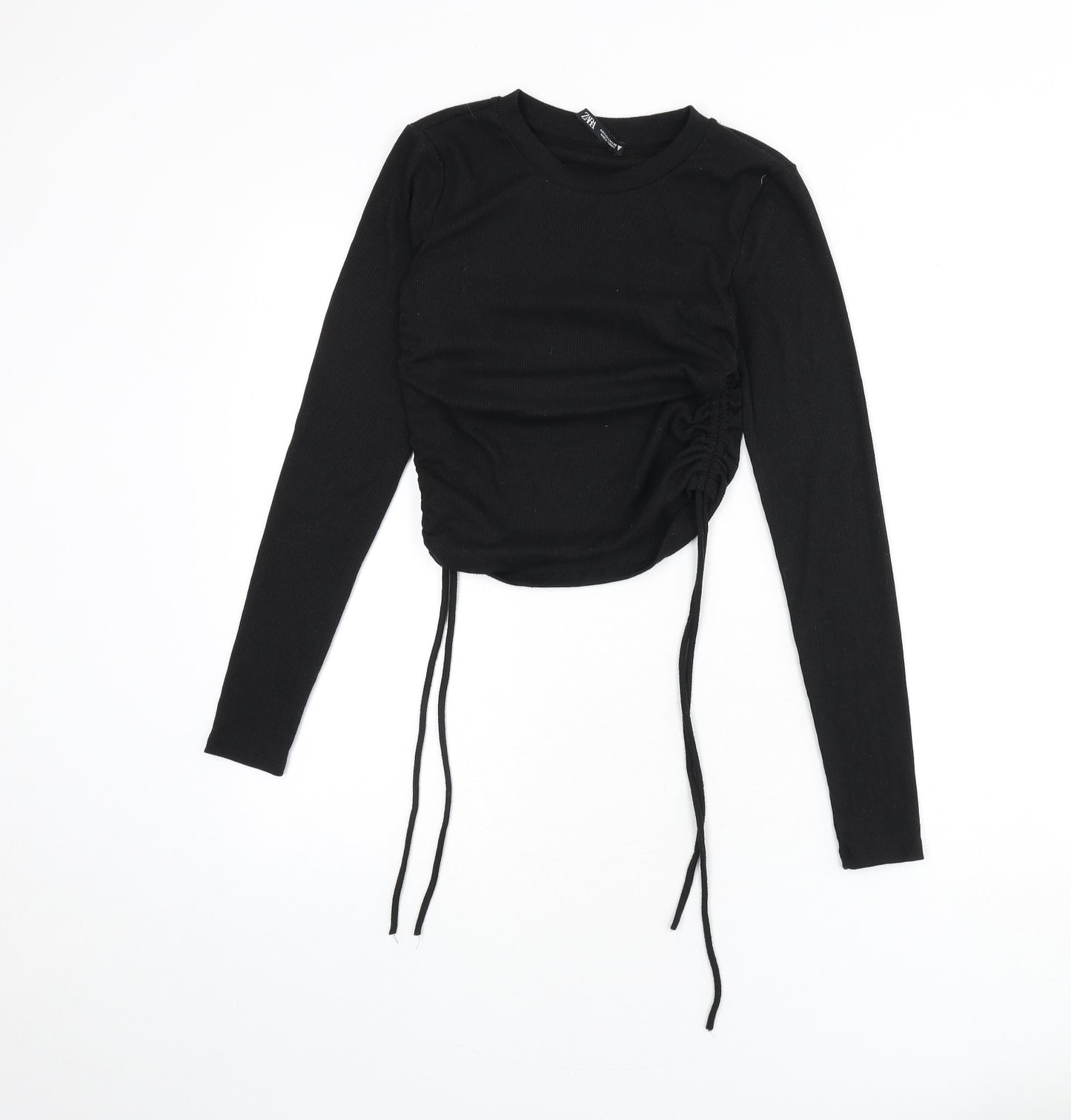 Zara Womens Black Polyester Cropped T-Shirt Size S Round Neck - Ruched Sides, Tie Detail, Ribbed