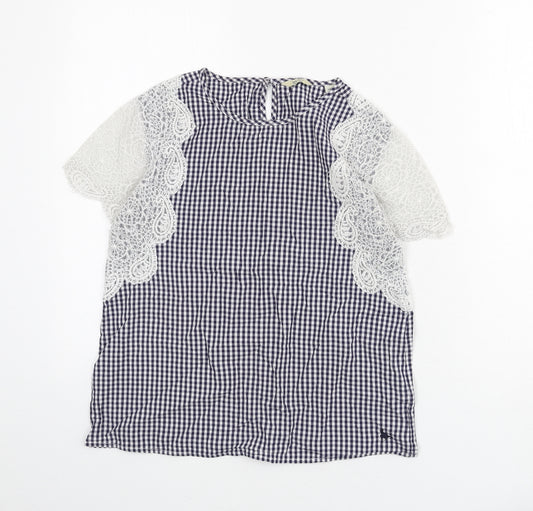 Jack Wills Womens Blue Check Cotton Basic Blouse Size 10 Round Neck - Lace Sleeves