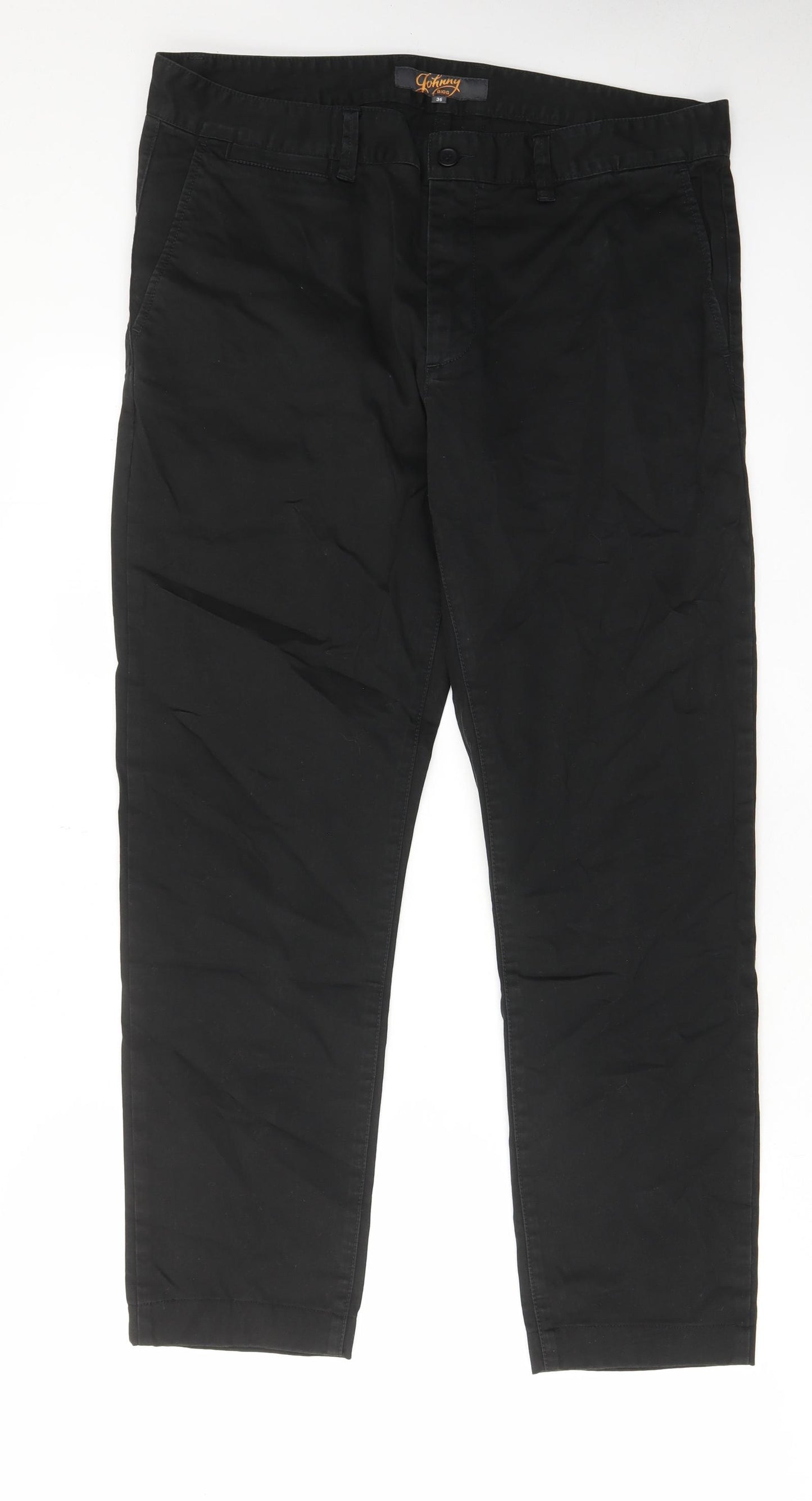 Johnny Big Mens Black Cotton Chino Trousers Size 36 in L29 in Regular Zip - Pockets, Belt Loops