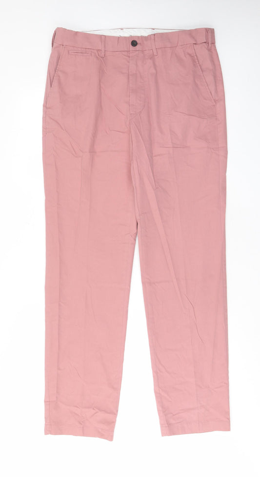 Marks and Spencer Mens Pink Cotton Chino Trousers Size 34 in L33 in Regular Zip - Logo, Pockets