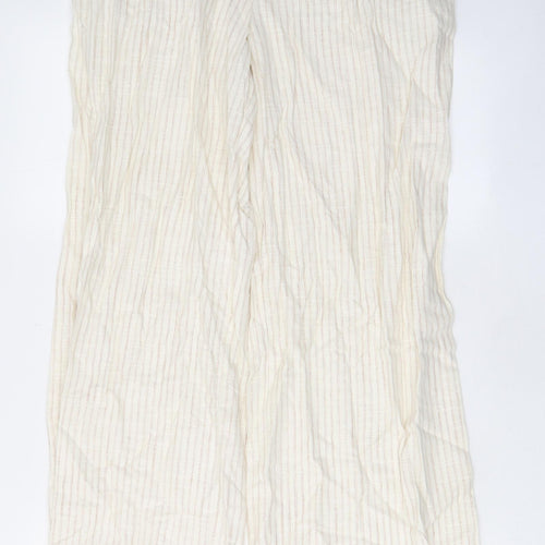 Marks and Spencer Womens Beige Striped Linen Trousers Size 14 L33 in Regular Zip - Pockets, Belt Loops