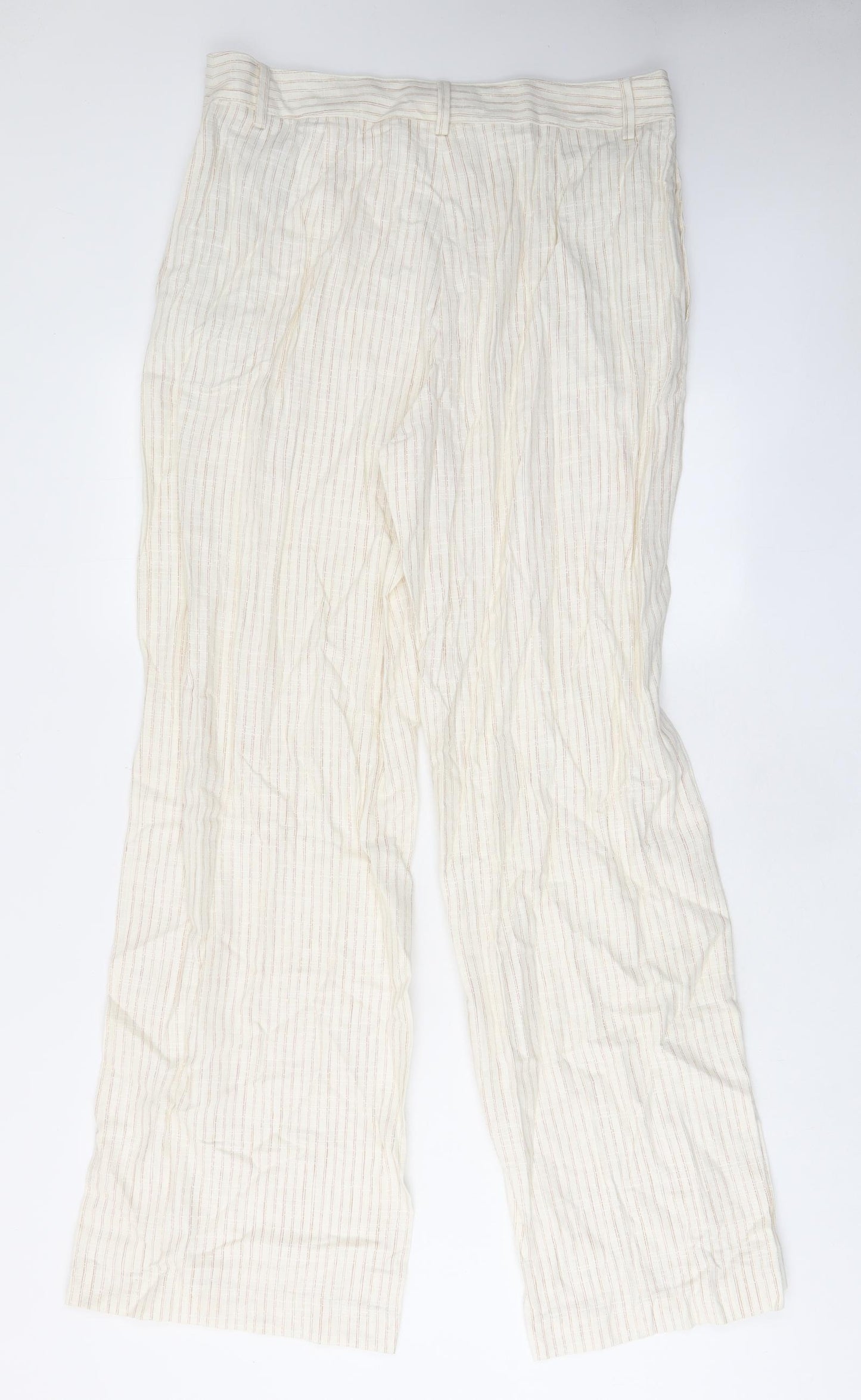 Marks and Spencer Womens Beige Striped Linen Trousers Size 14 L33 in Regular Zip - Pockets, Belt Loops