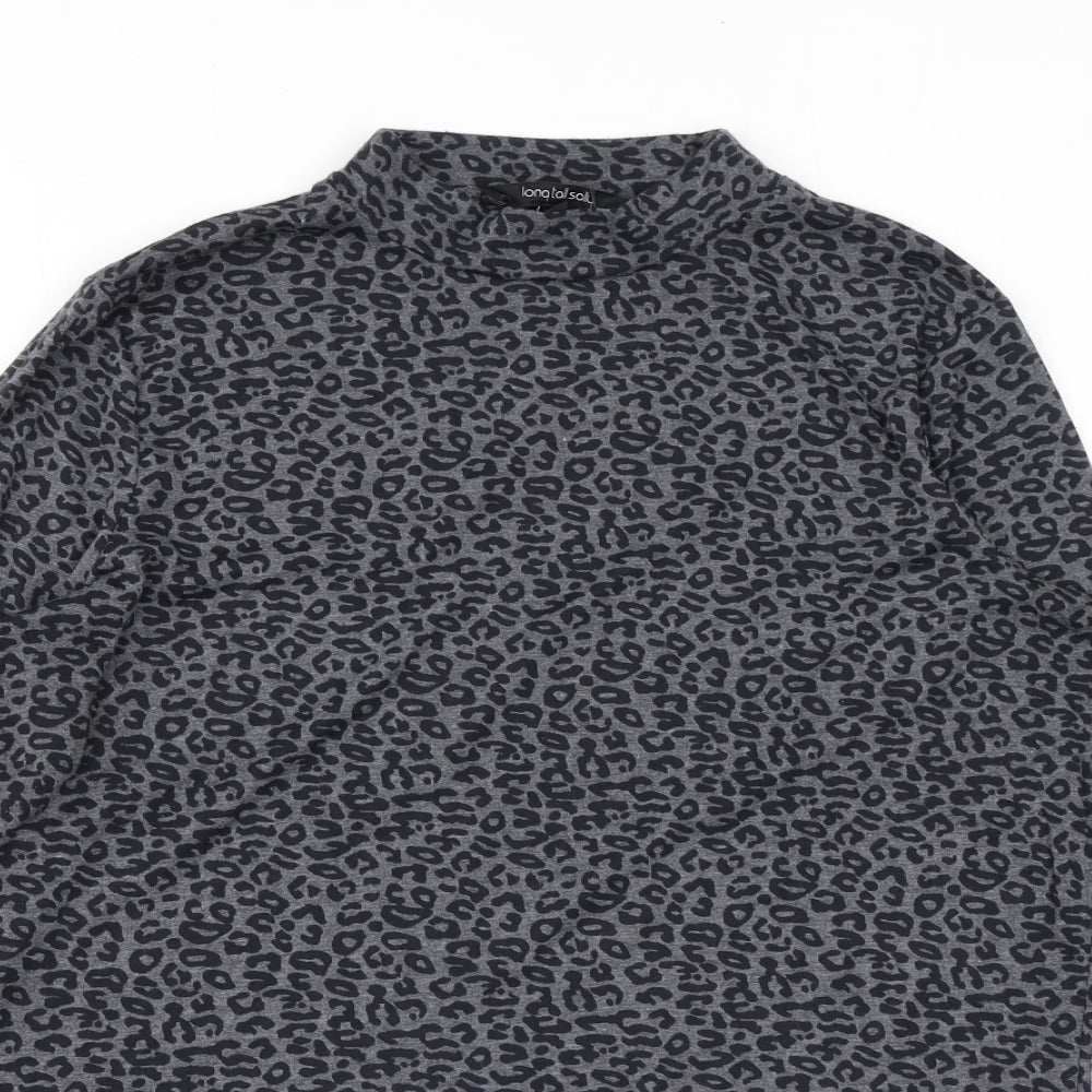 Long Tall Sally Womens Grey Animal Print Polyester Basic T-Shirt Size L Mock Neck - Leopard Print