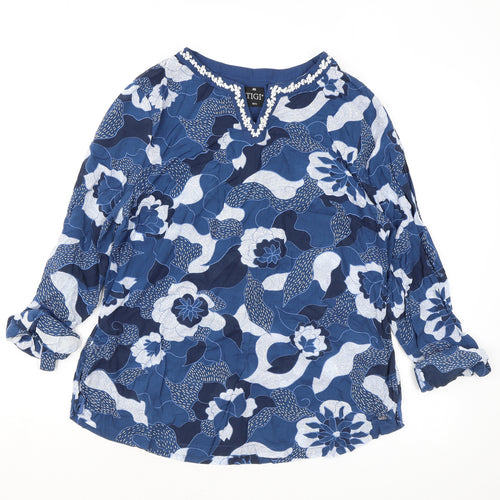 TIGI Womens Blue Geometric Polyester Tunic Blouse Size 10 V-Neck
