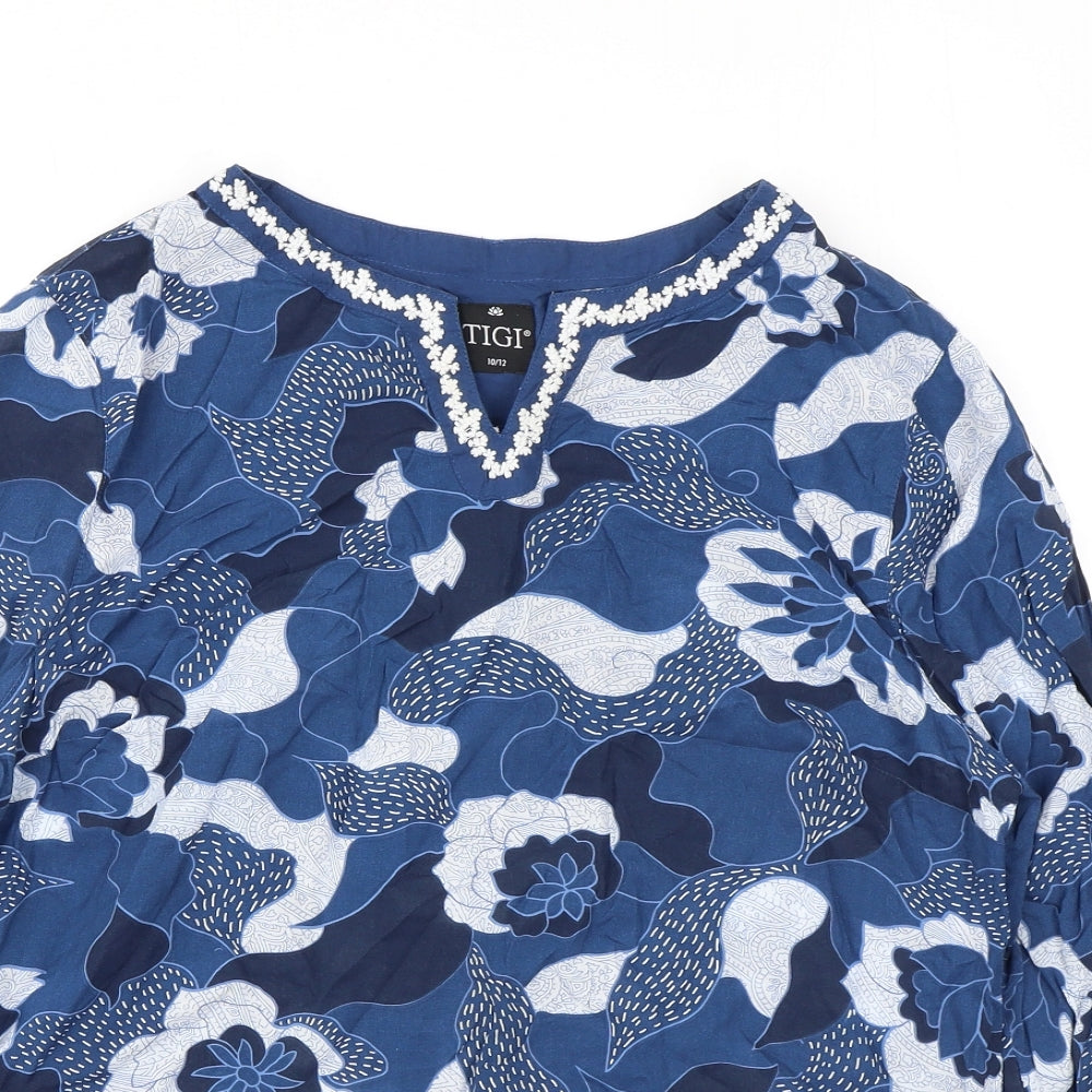 TIGI Womens Blue Geometric Polyester Tunic Blouse Size 10 V-Neck