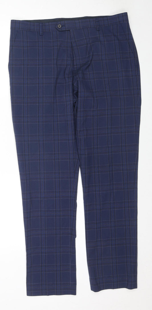 NEXT Mens Blue Check Polyester Trousers Size 34 in L31 in Regular Zip