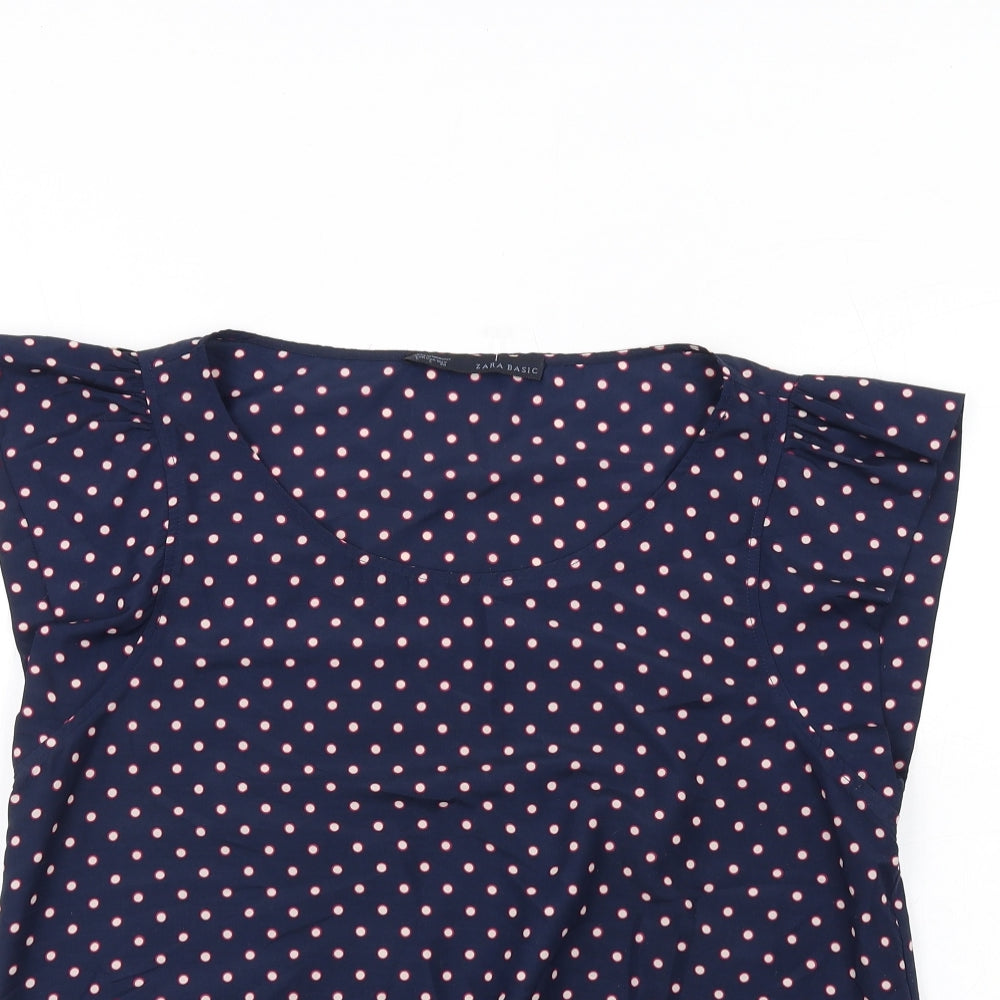 Zara Womens Blue Polka Dot Polyester Basic T-Shirt Size L Round Neck