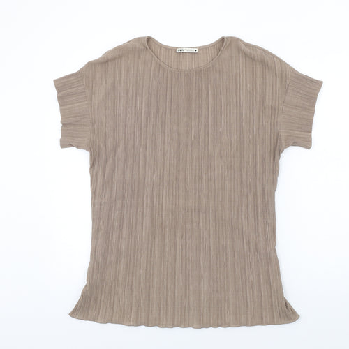 Zara Womens Brown Polyester Basic T-Shirt Size L Round Neck - Pleated