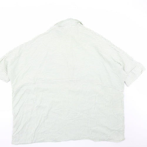 Zara Womens Green Striped Cotton Basic Blouse Size L Collared