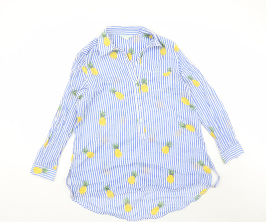 True Decadence Womens Blue Striped Cotton Basic Blouse Size L Collared - Pineapple, Sheer