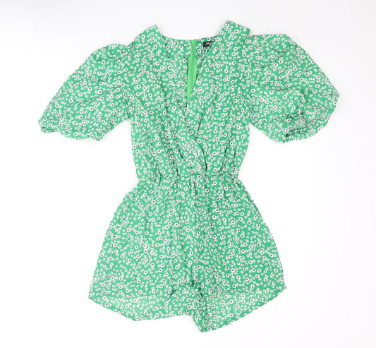 Nasty Gal Womens Green Floral Polyester Playsuit One-Piece Size 8 L3 in Zip