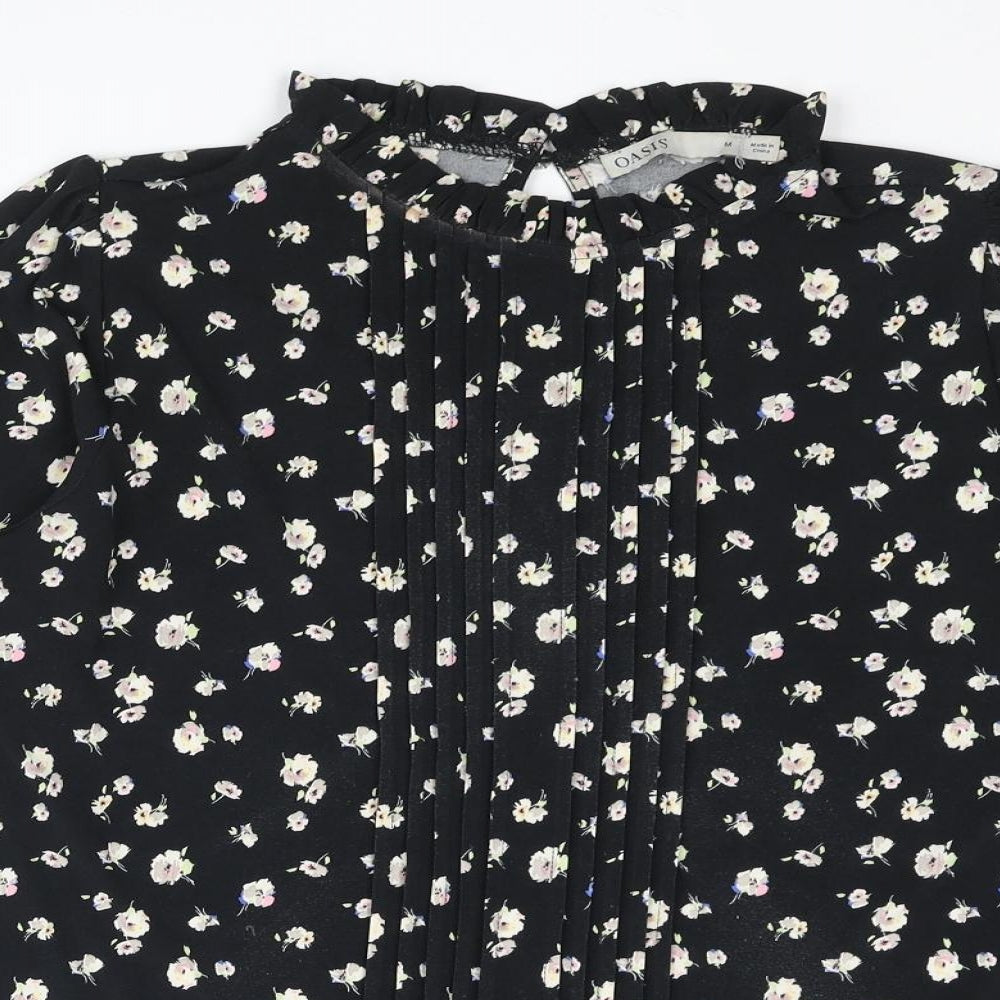 Oasis Womens Black Floral Polyester Basic Blouse Size M Mock Neck - Pleated Frill
