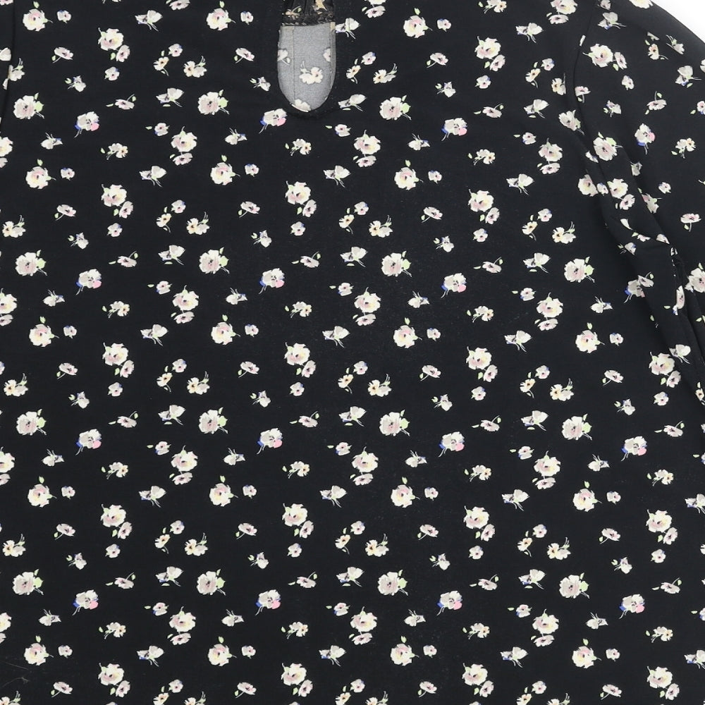 Oasis Womens Black Floral Polyester Basic Blouse Size M Mock Neck - Pleated Frill