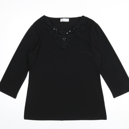 Anamor Womens Black Polyester Basic T-Shirt Size S Round Neck - Lace Detail, Sequins, Size S/M