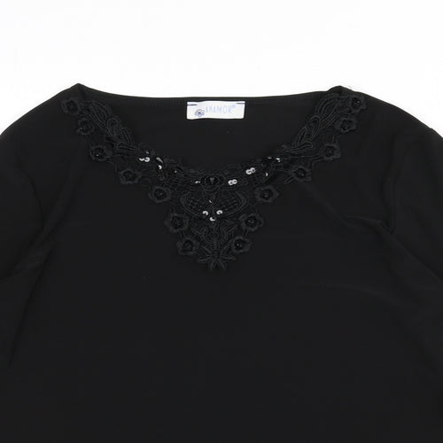 Anamor Womens Black Polyester Basic T-Shirt Size S Round Neck - Lace Detail, Sequins, Size S/M