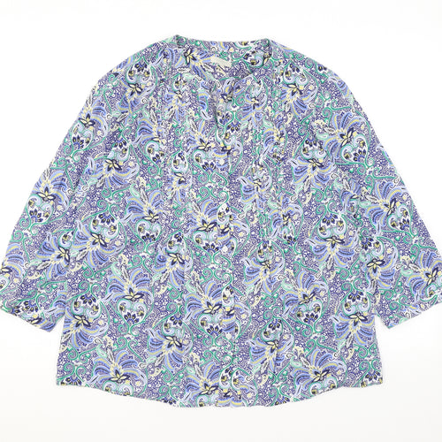 Talbots Womens Blue Floral Polyester Basic Button-Up Size L V-Neck
