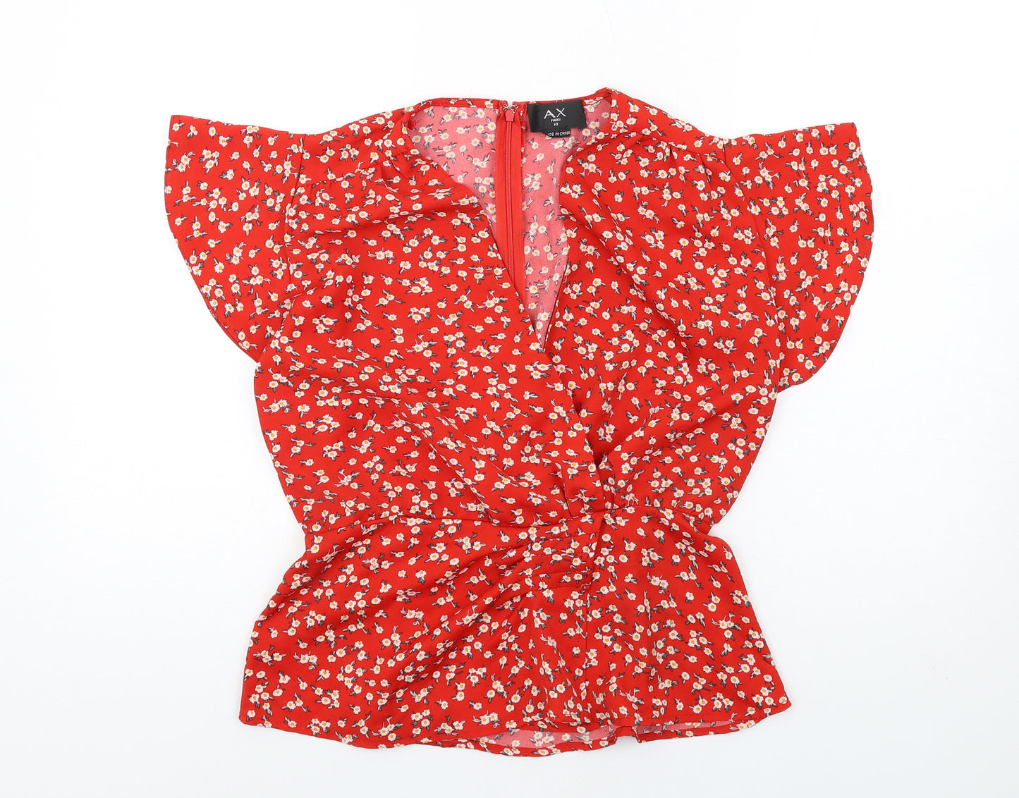 AX Paris Womens Red Floral Polyester Basic Blouse Size 10 V-Neck