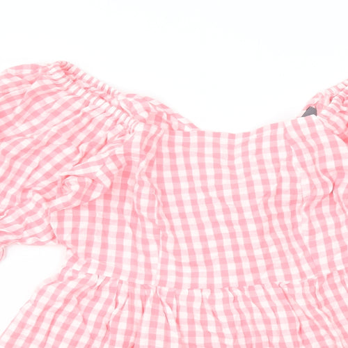 Studio Womens Pink Check Cotton Basic Blouse Size 10 Square Neck