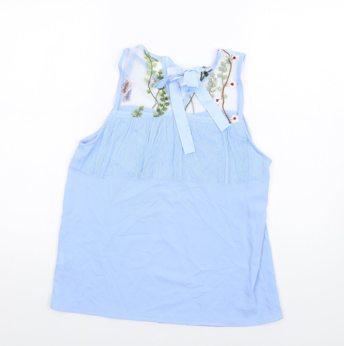 Sweet Lady Womens Blue Polyester Basic Tank Size L Round Neck - Embroidered Mesh Neck Detail