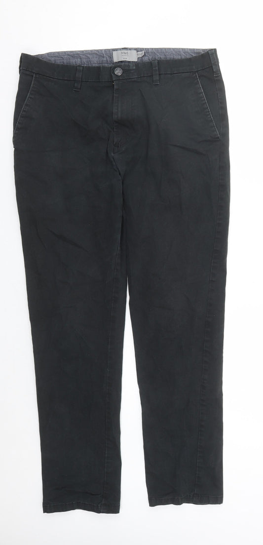 Marks and Spencer Mens Black Cotton Trousers Size 34 in L30 in Slim Zip