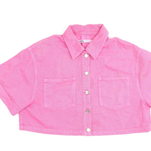 Zara Womens Pink 100% Cotton Basic Button-Up Size L Collared