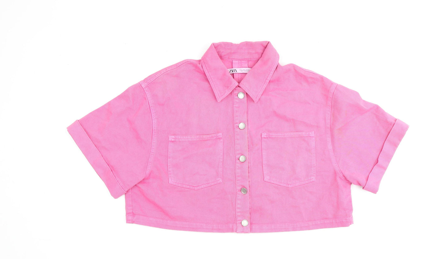 Zara Womens Pink 100% Cotton Basic Button-Up Size L Collared
