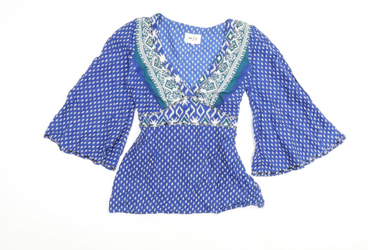 Oasis Womens Blue Geometric 100% Cotton Basic Blouse Size 10 V-Neck