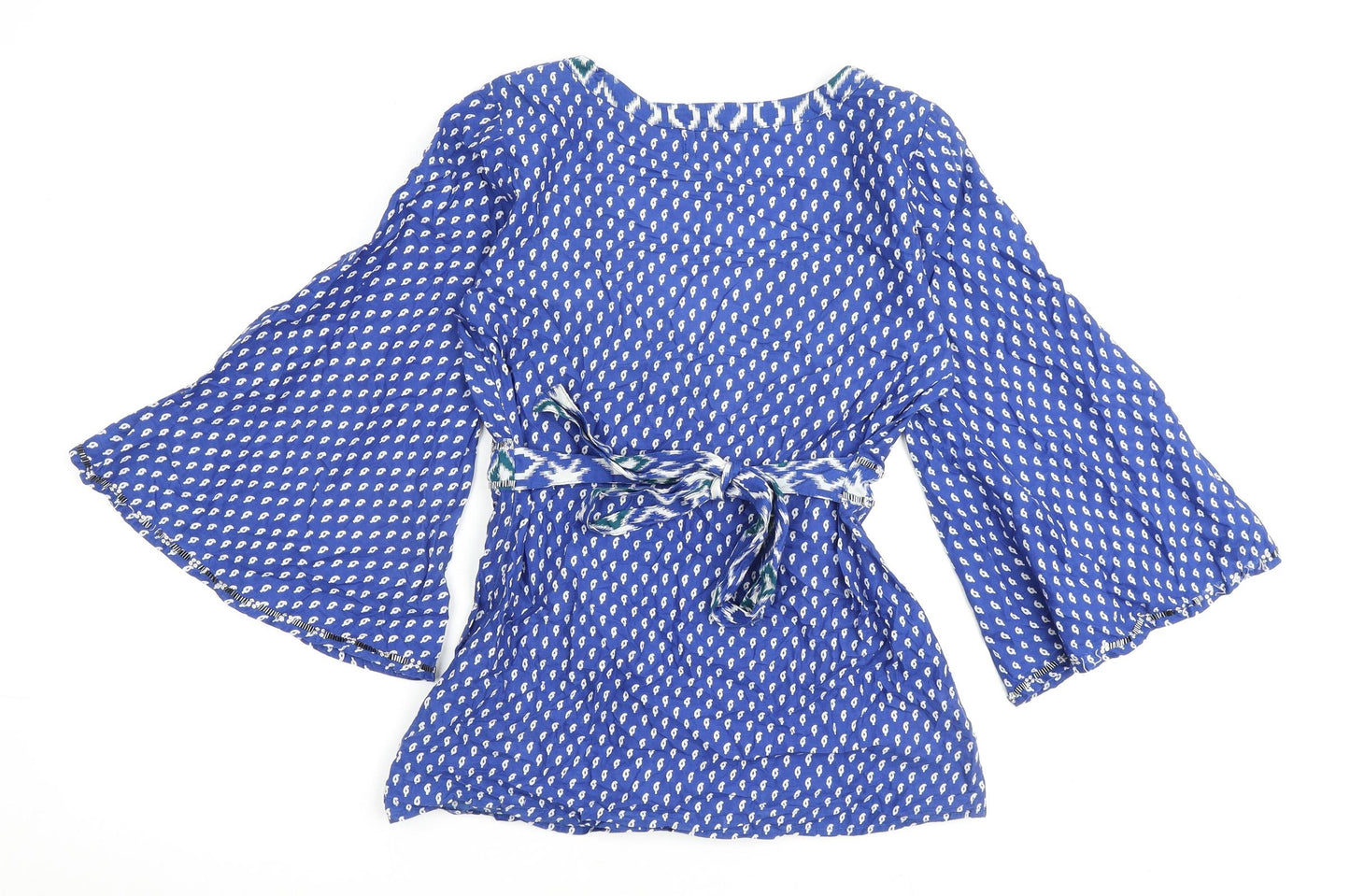 Oasis Womens Blue Geometric 100% Cotton Basic Blouse Size 10 V-Neck