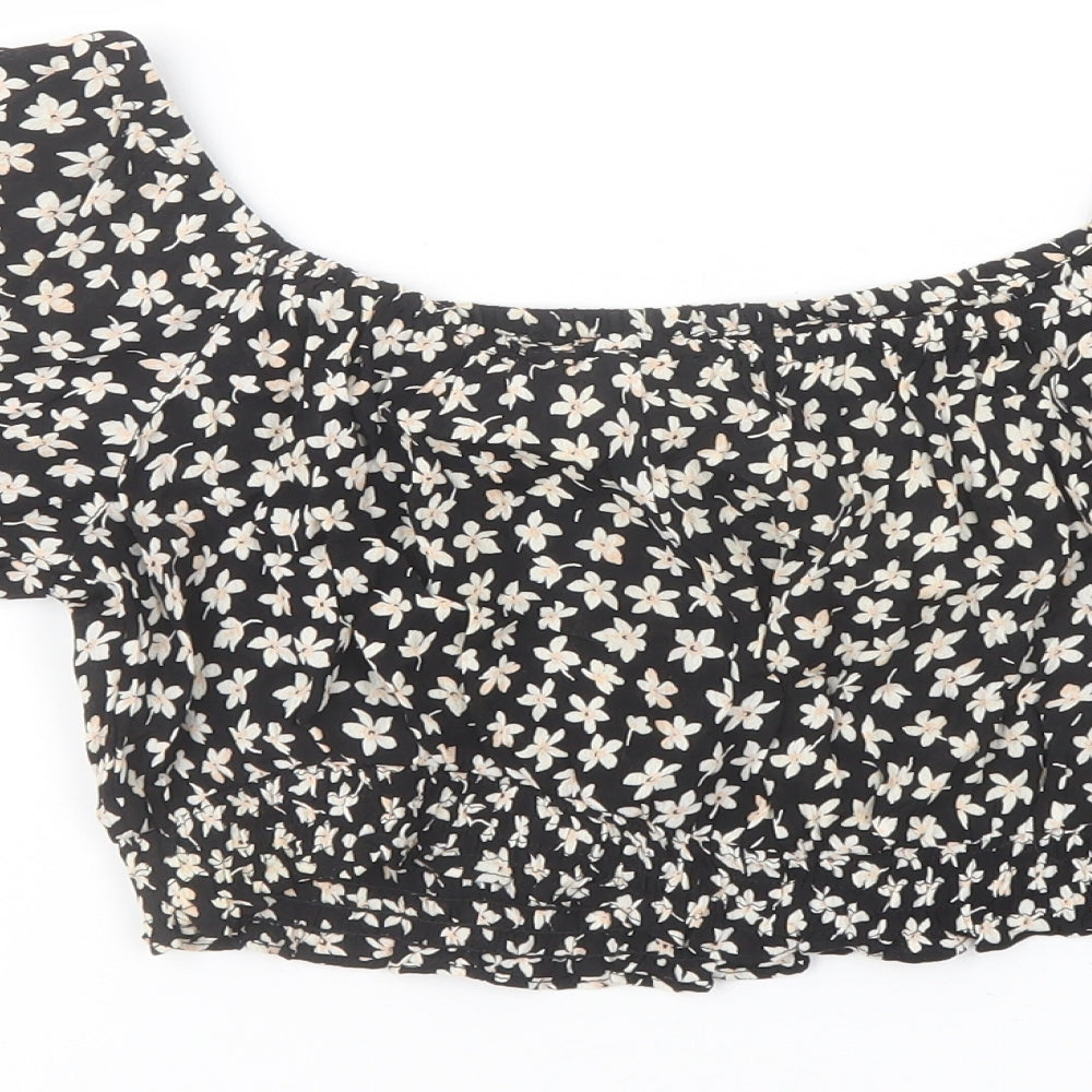 Miss Selfridge Womens Black Floral Polyester Cropped Blouse Size 10 Off the Shoulder