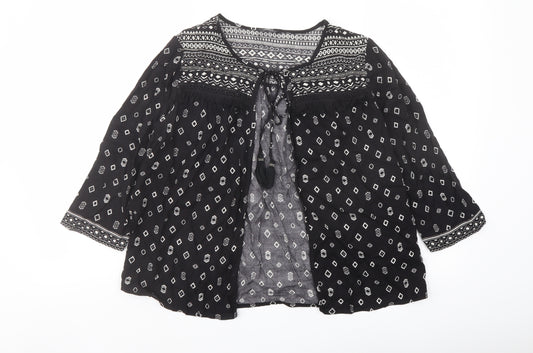M&Co Womens Black Geometric Viscose Kimono Blouse Size 10 Round Neck